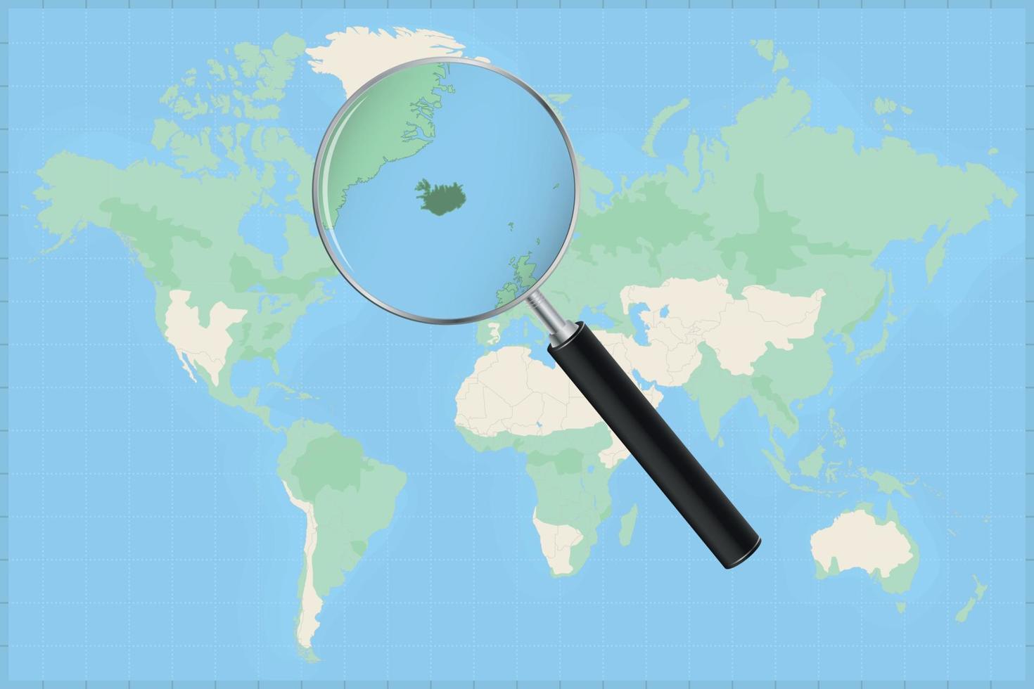 Map of the world with a magnifying glass on a map of Iceland. vector