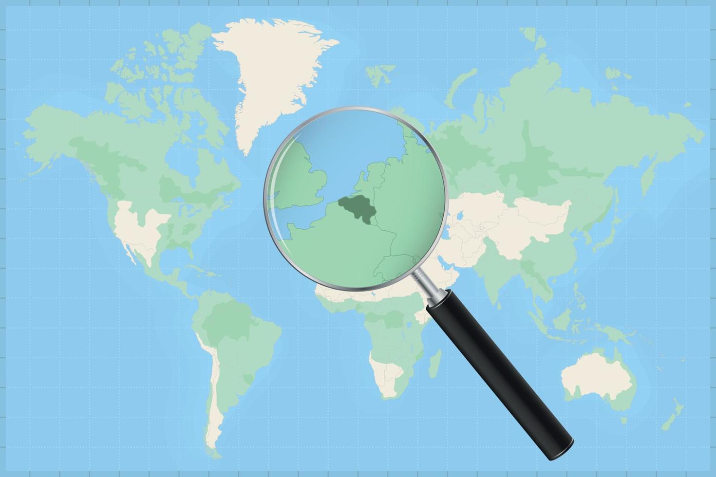 Map of the world with a magnifying glass on a map of Belgium. vector