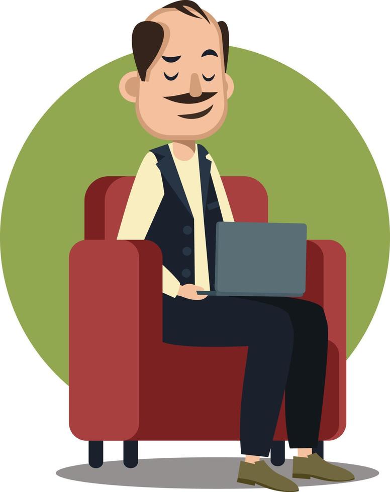 Man working on laptop, illustration, vector on white background.