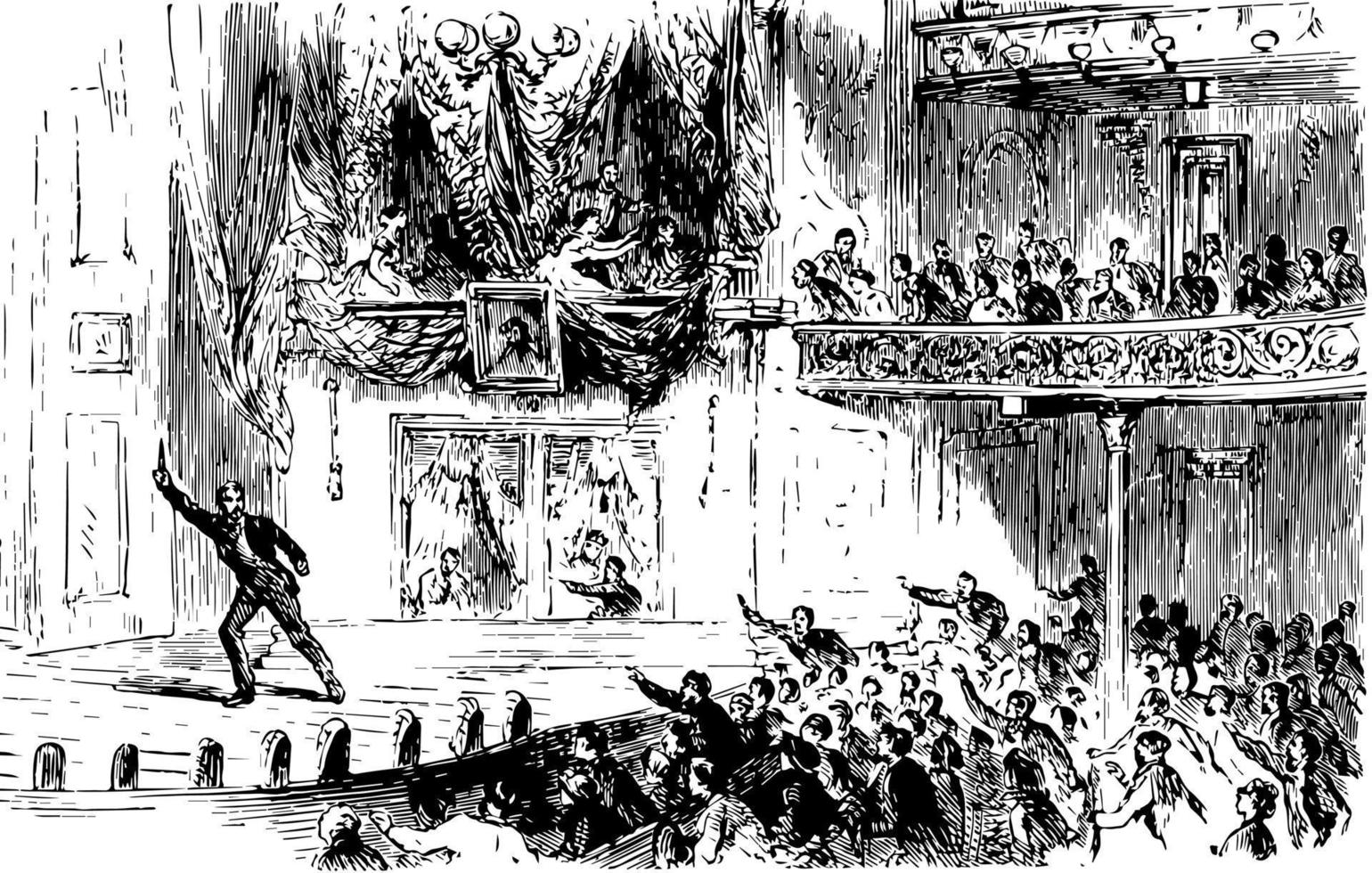 Lincoln Assassination at Ford's Theatre by John Wilkes Booth, vintage engraving. vector