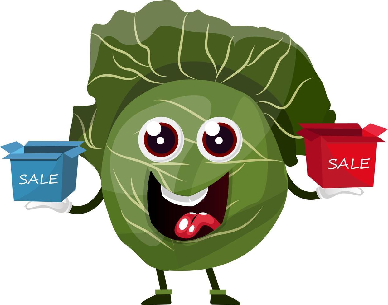 Cabbage is holding sale boxes, illustration, vector on white background.