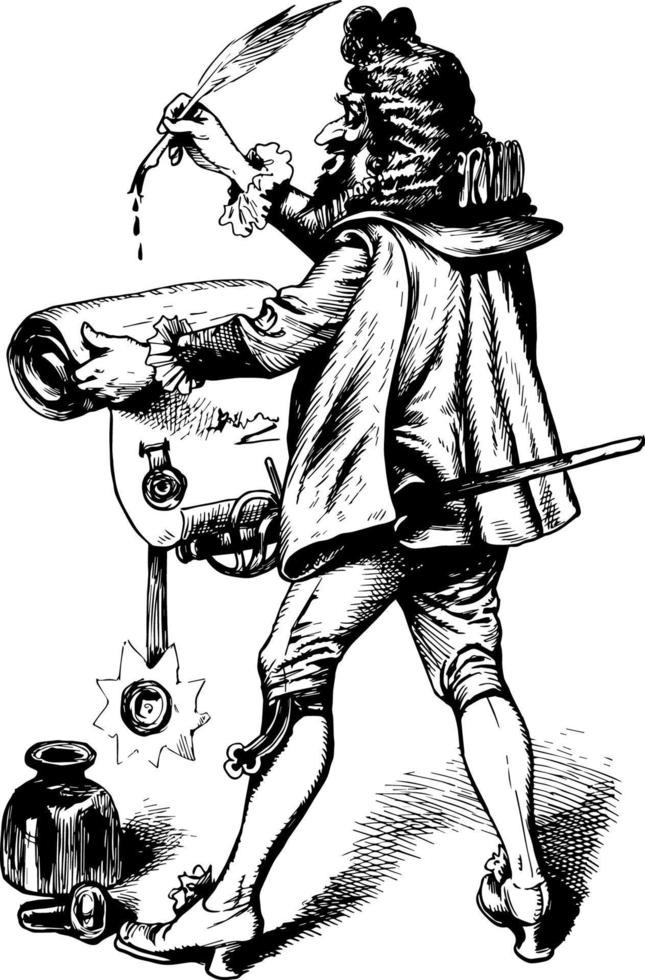 Man Signing a Scroll or man signing a document, vintage engraving. vector
