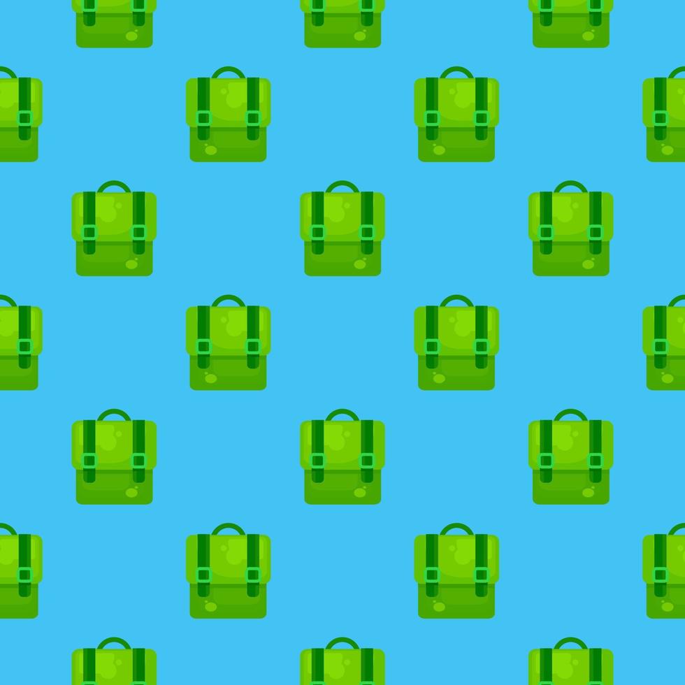 Green backpack , seamless pattern on a blue background. vector
