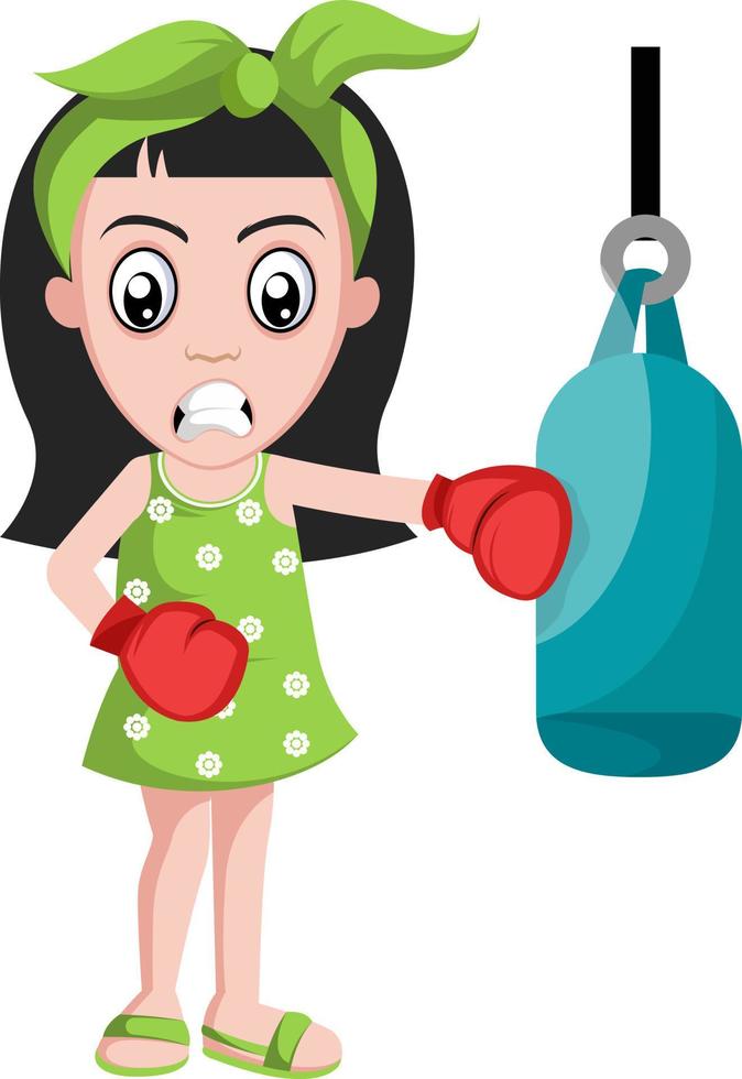 Girl with boxing gloves, illustration, vector on white background.