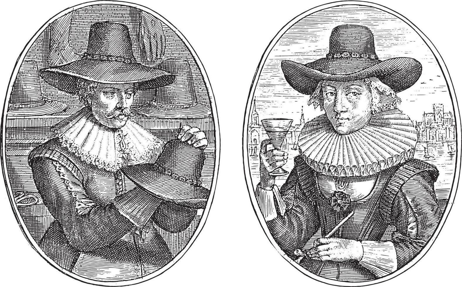 English merchant and his wife, Crispijn van de Passe, 1641, vintage illustration. vector