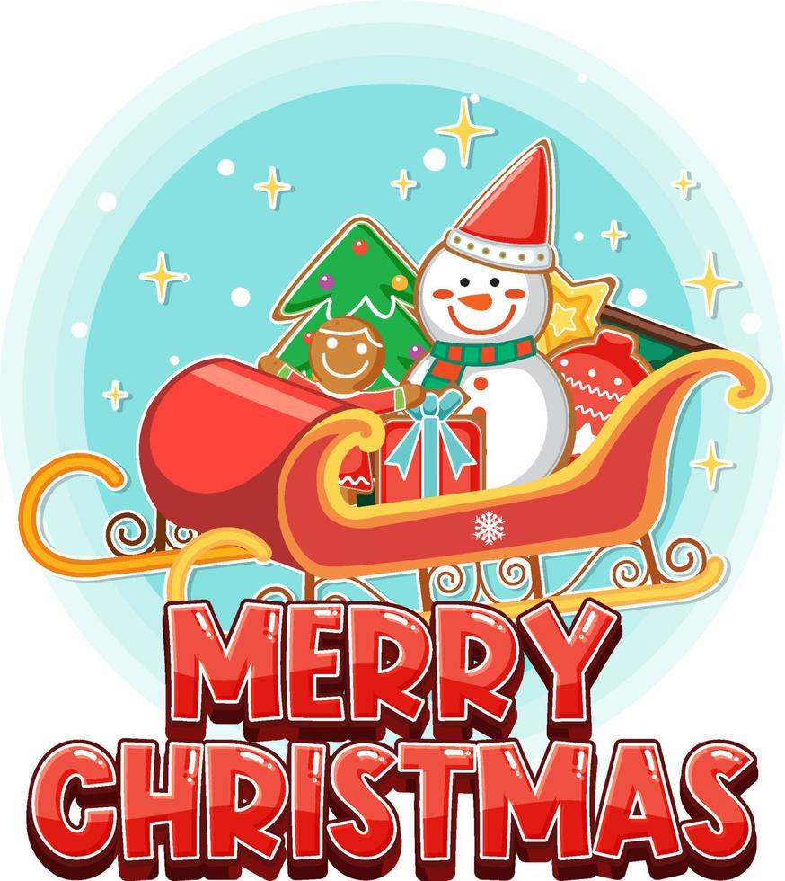 Merry Christmas text with snowman on sleigh vector
