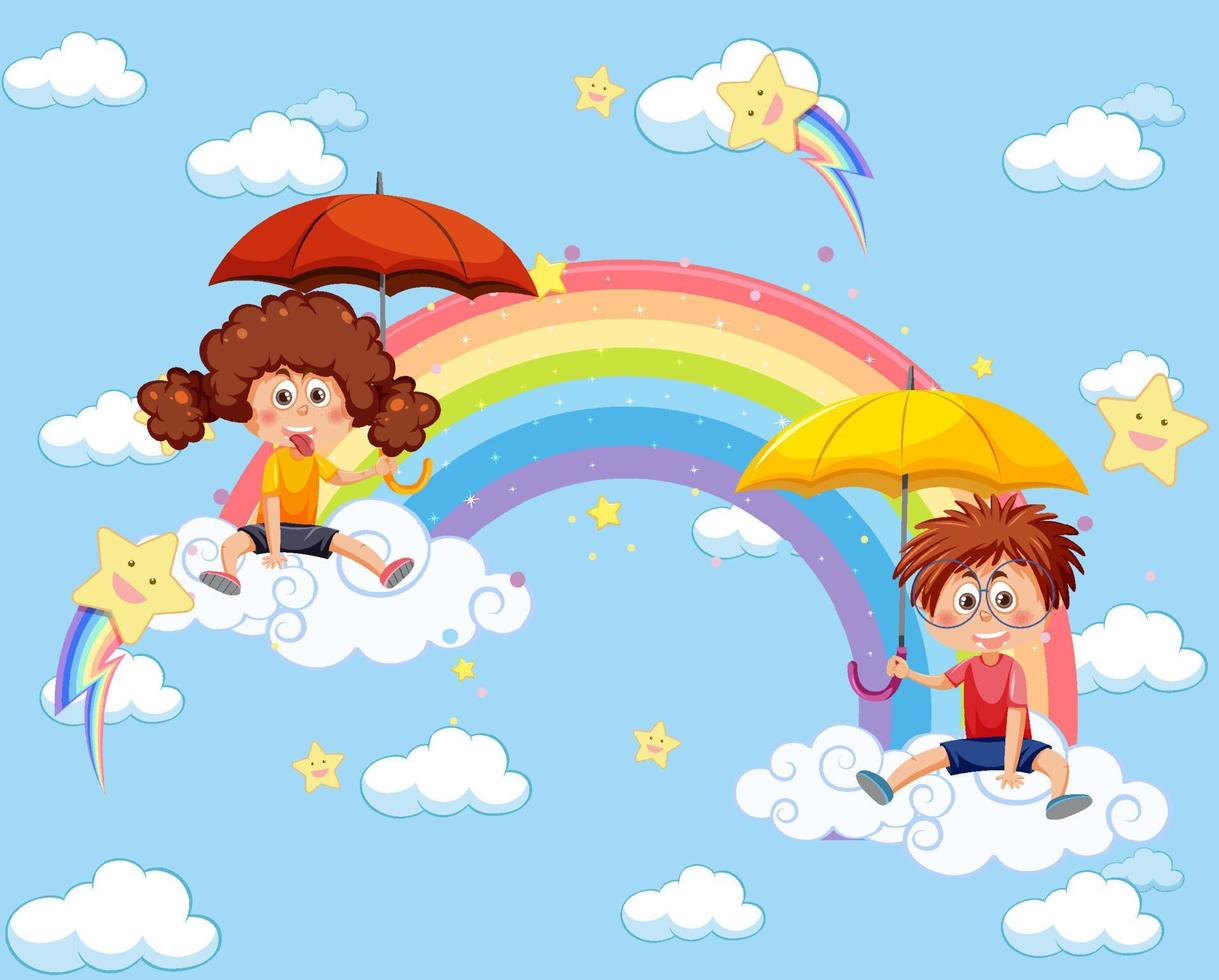 Happy kids in in the sky with rainbow vector