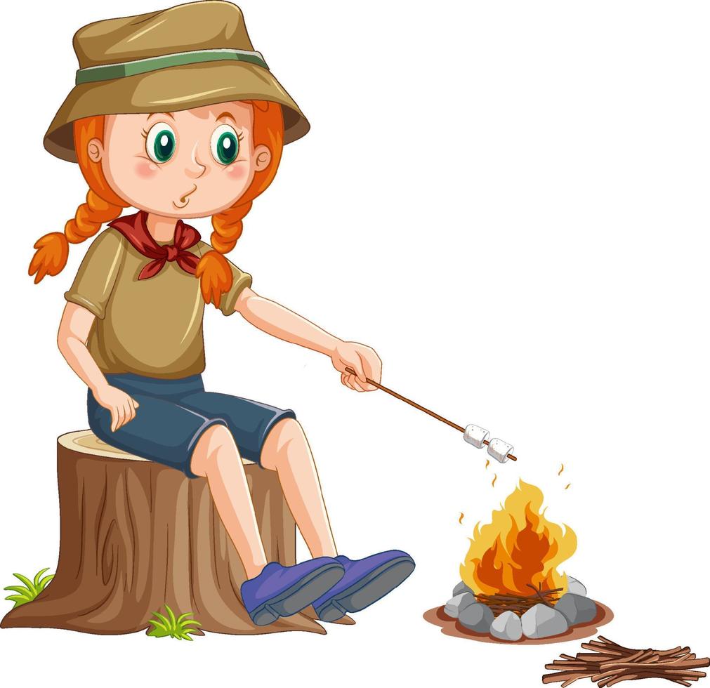 Camping girl roasting marshmallow vector