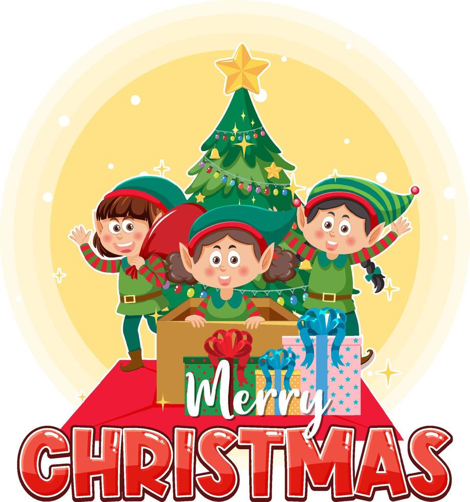 Merry Christmas text with elves cartoon vector