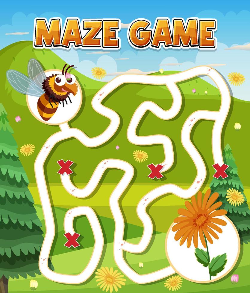 Maze game template in honeybee theme for kids vector