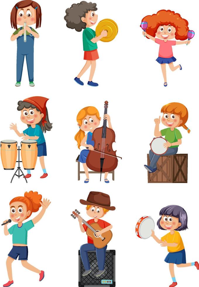 conjunto de diferentes niños tocando música vector