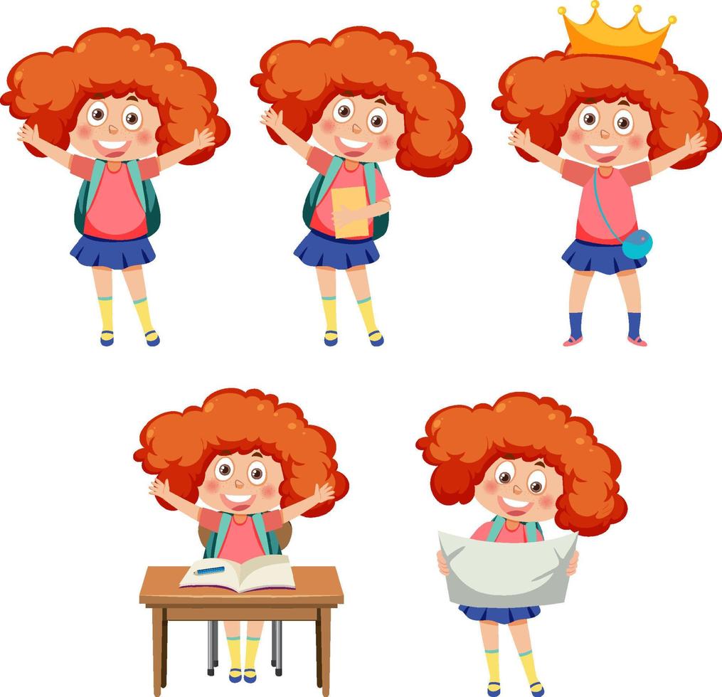 conjunto de niña haciendo diferentes actividades vector