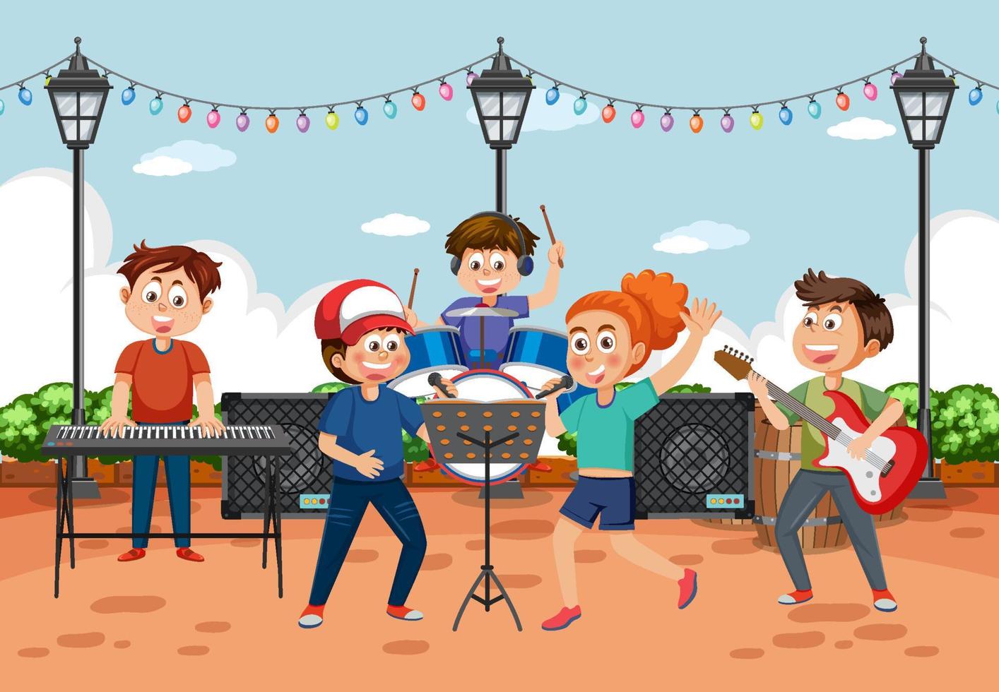 Kids music band playing at park vector
