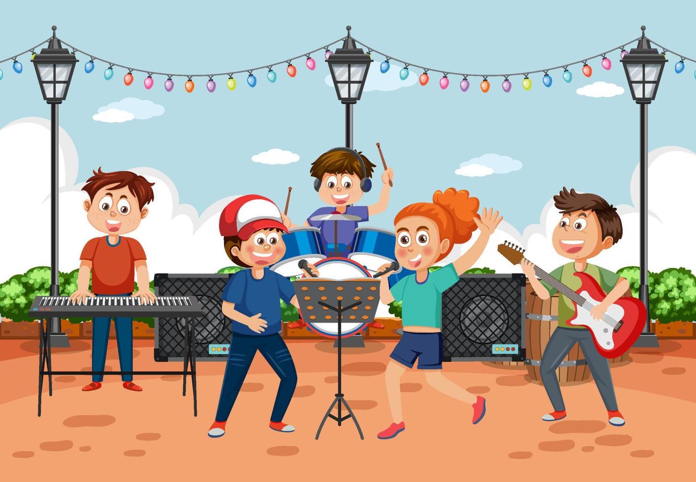 banda de música para niños tocando en el parque vector