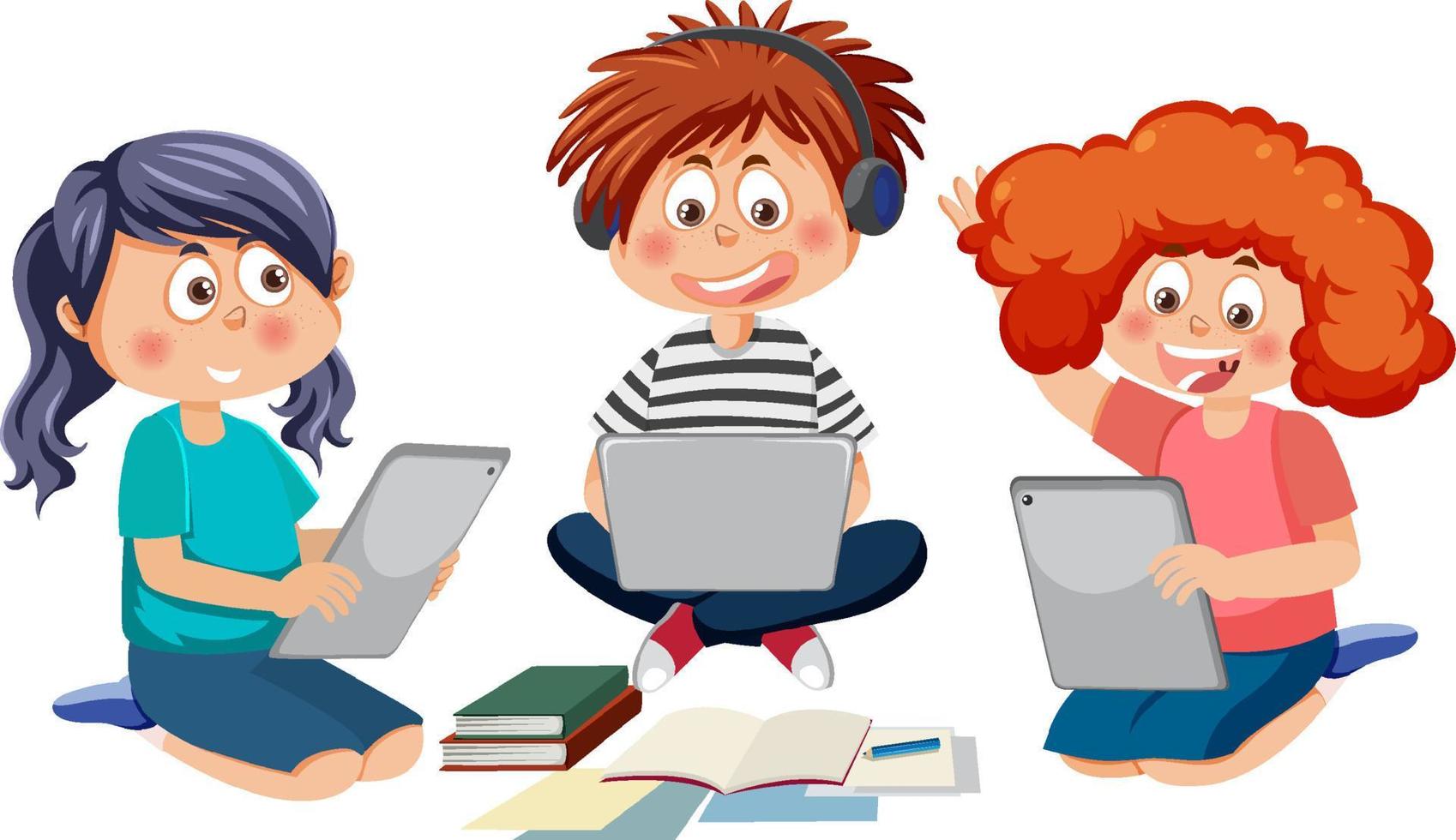 niños que usan el personaje de dibujos animados de la computadora portátil vector