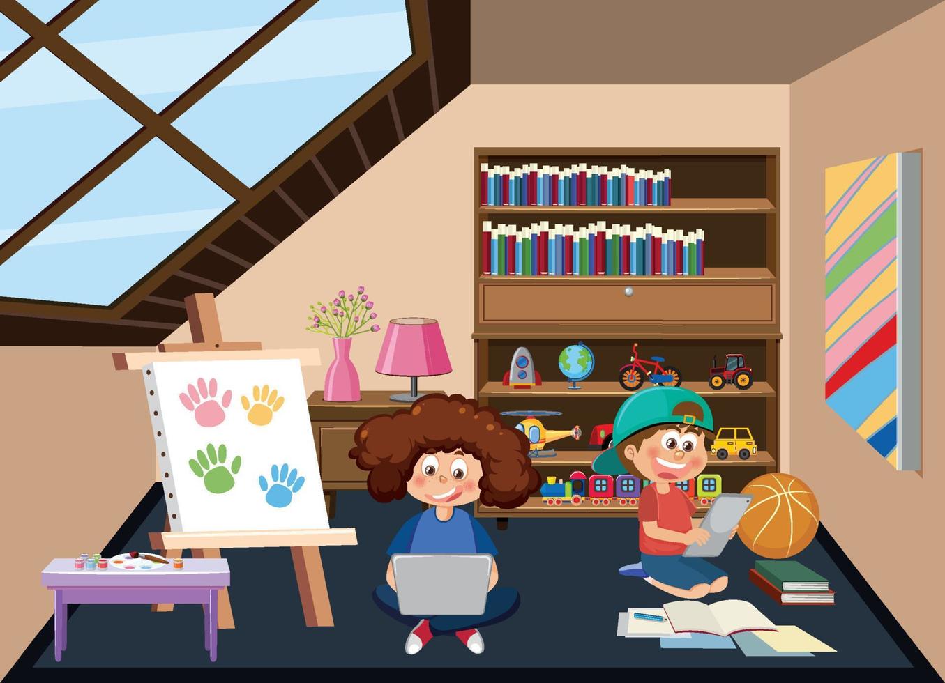 Kids learning online at home vector