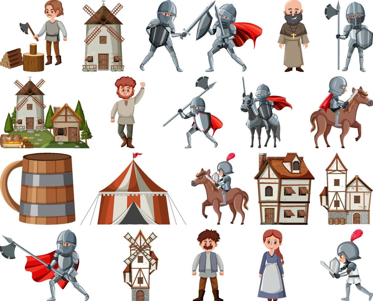 Medieval cartoon characters and objects vector