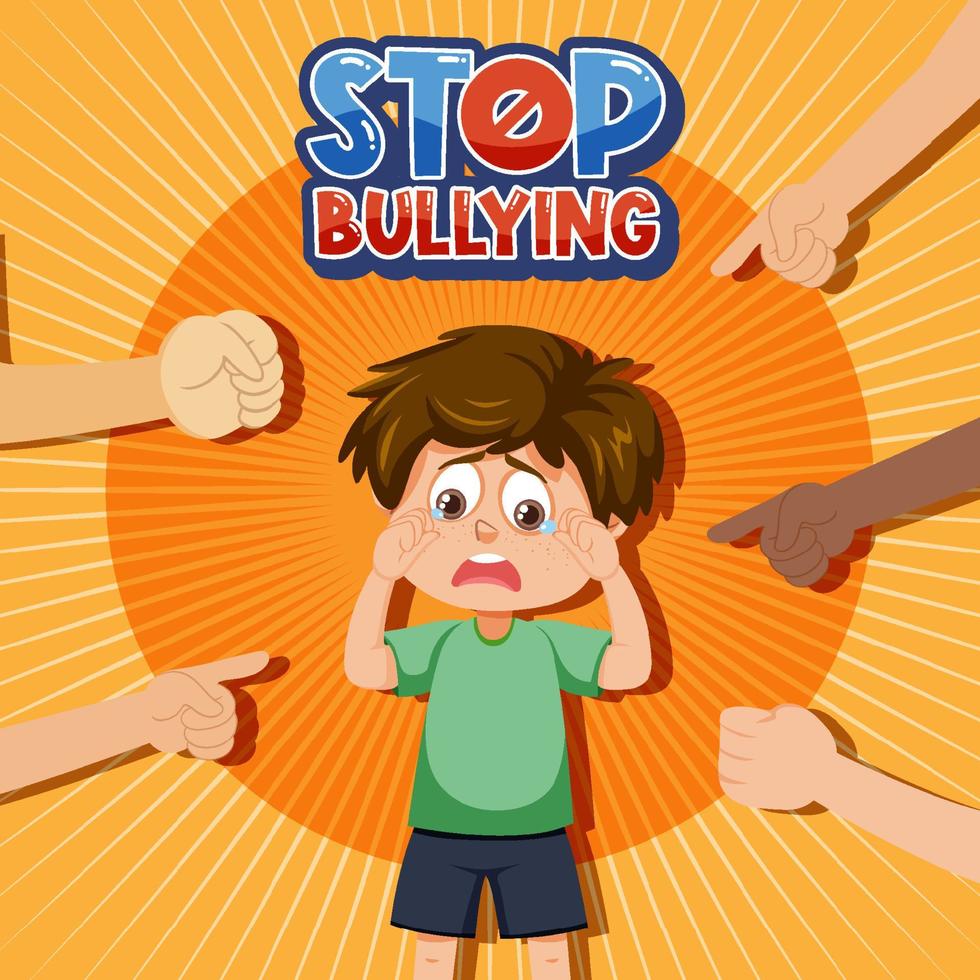 Stop Bullying text with kid surrounded by pointing fingers vector