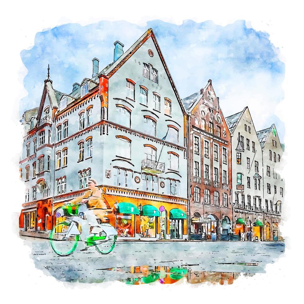 Bergen Hordaland Watercolor sketch hand drawn illustration vector