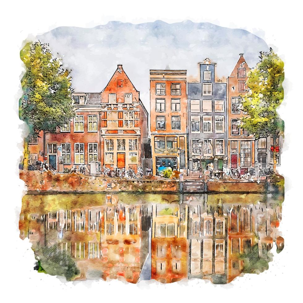 Amsterdam Netherlands Watercolor sketch hand drawn illustration vector