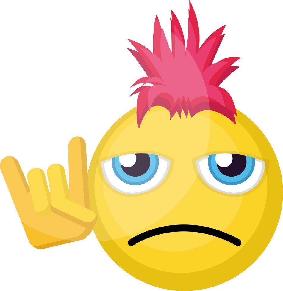 Sad punk emoji face with pink hair and punk sign vector illustration on a white background