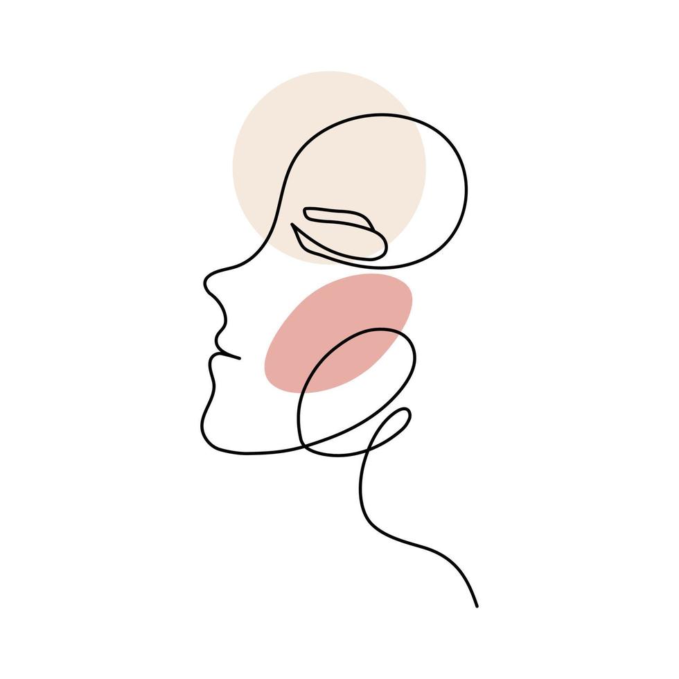 The face of a beautiful woman in the style of line art with colored spots. vector illustration