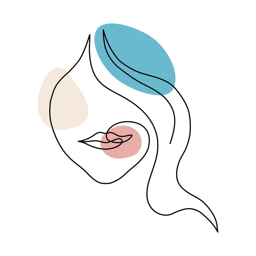 The face of a beautiful woman in the style of line art with colored spots. vector illustration