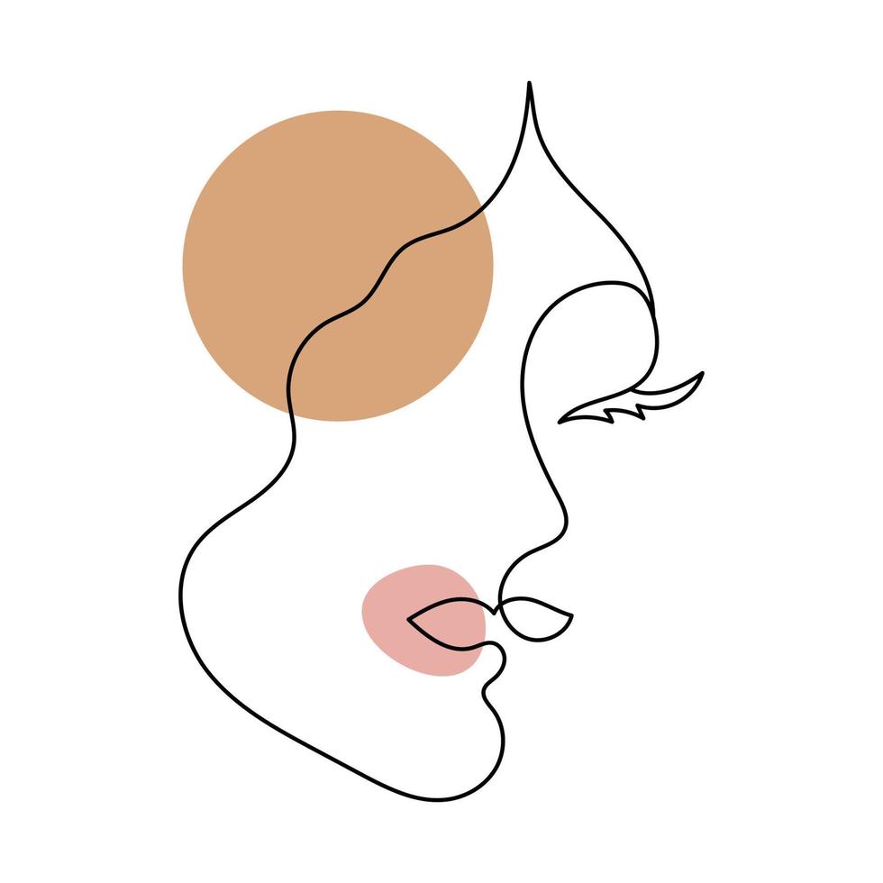 The face of a beautiful woman in the style of line art with colored spots. vector illustration