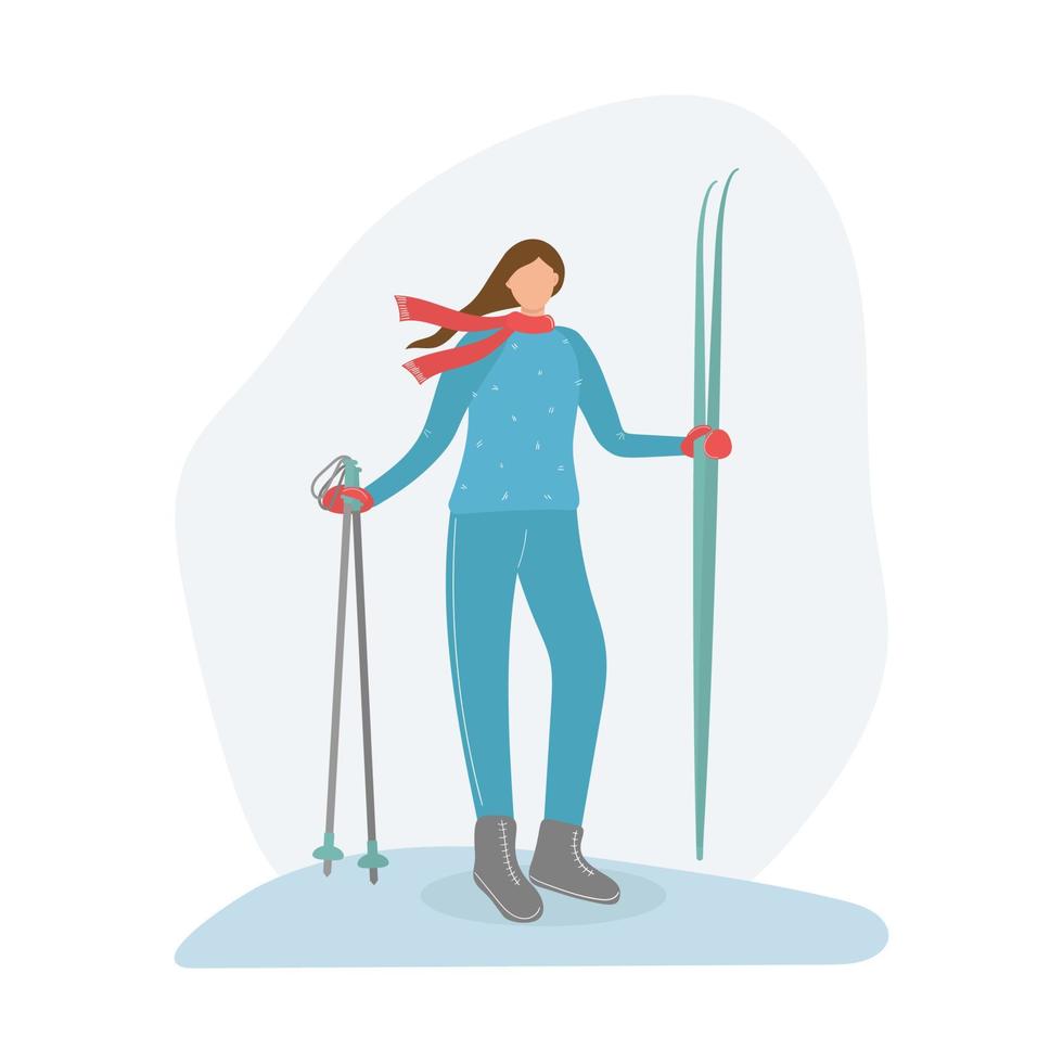 A girl holds cross-country skis and poles in her hands. vector illustration
