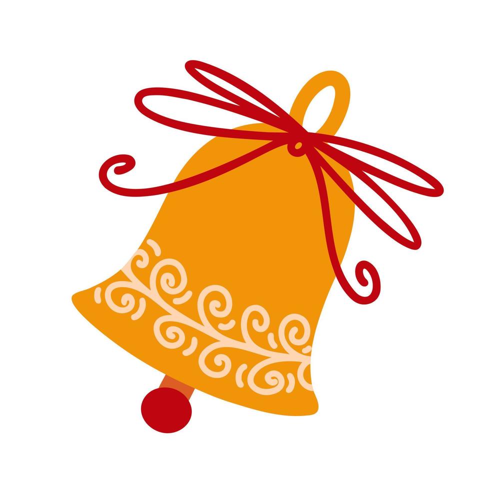 Golden jingle bell with red ribbon and bow. Symbol of Christmas, New Year, seasonal holidays. Festive vector icon isolated on white. Flat cartoon illustration for cards, posters, prints