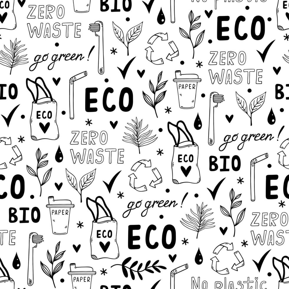 Eco doodles seamless vector pattern. Symbols of environmental care - recycling, save the planet, no plastic. Go green, zero waste. Natural eco-friendly products. Background for wallpaper, packaging