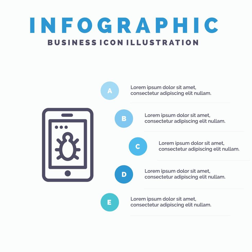 Mobile Security Bug Line icon with 5 steps presentation infographics Background vector