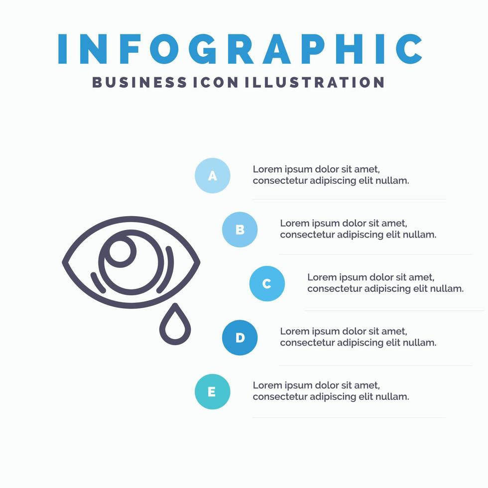 icono de línea triste de ojo caído con fondo de infografía de presentación de 5 pasos vector