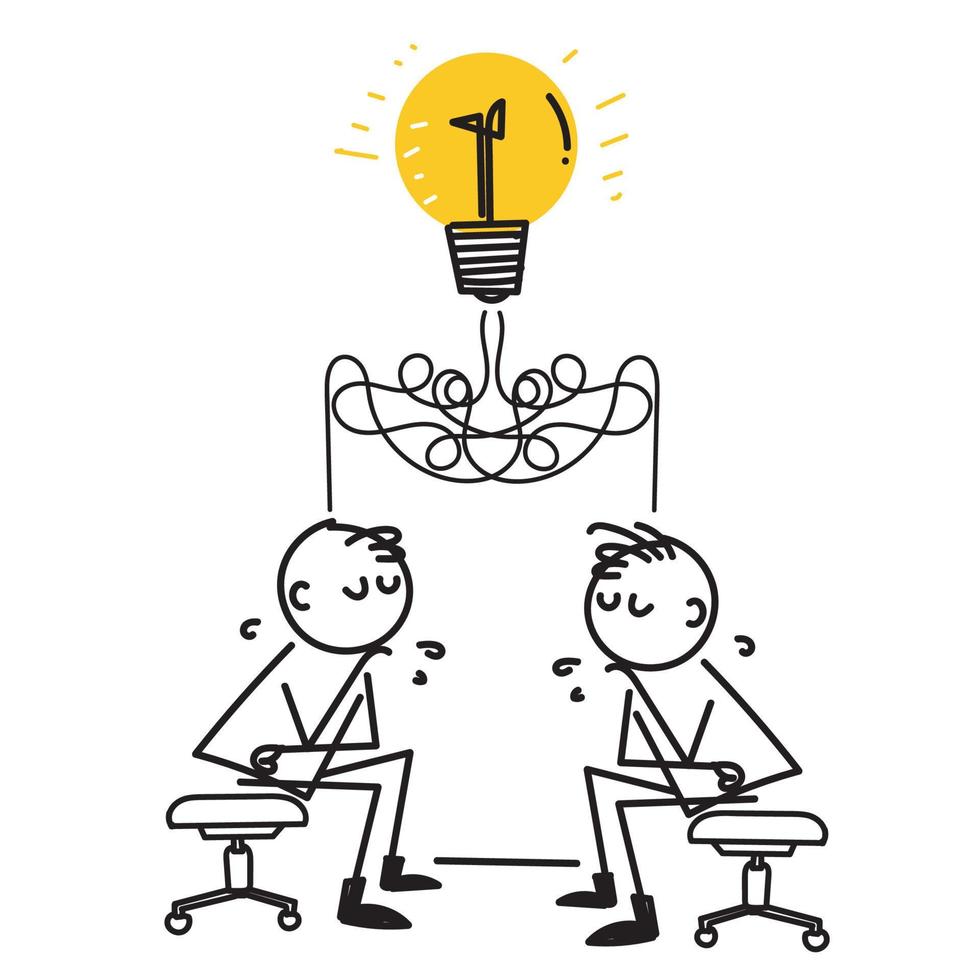 hand drawn doodle people with tangled bulb symbol for teamwork solving business problems illustration vector