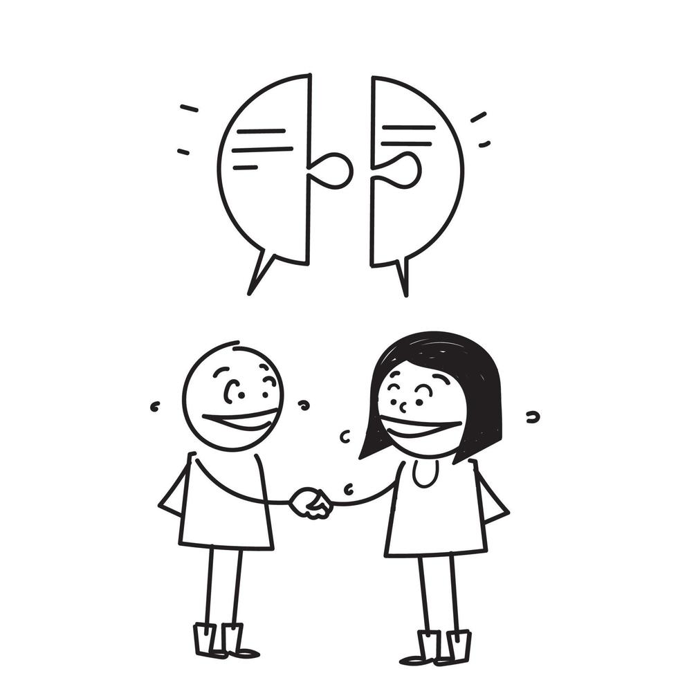 hand drawn doodle men and women with matching bubble talk jigsaw puzzles illustration vector
