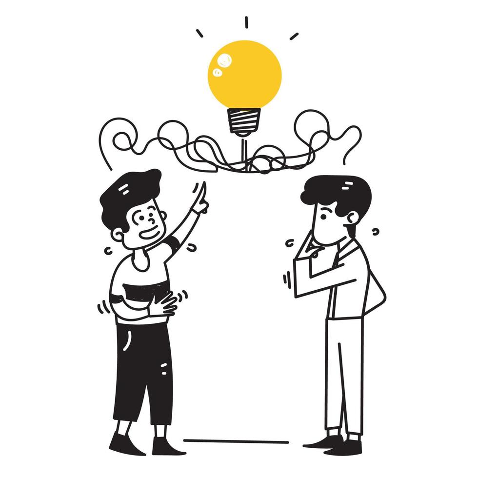 hand drawn doodle people with tangled bulb symbol for teamwork solving business problems illustration vector