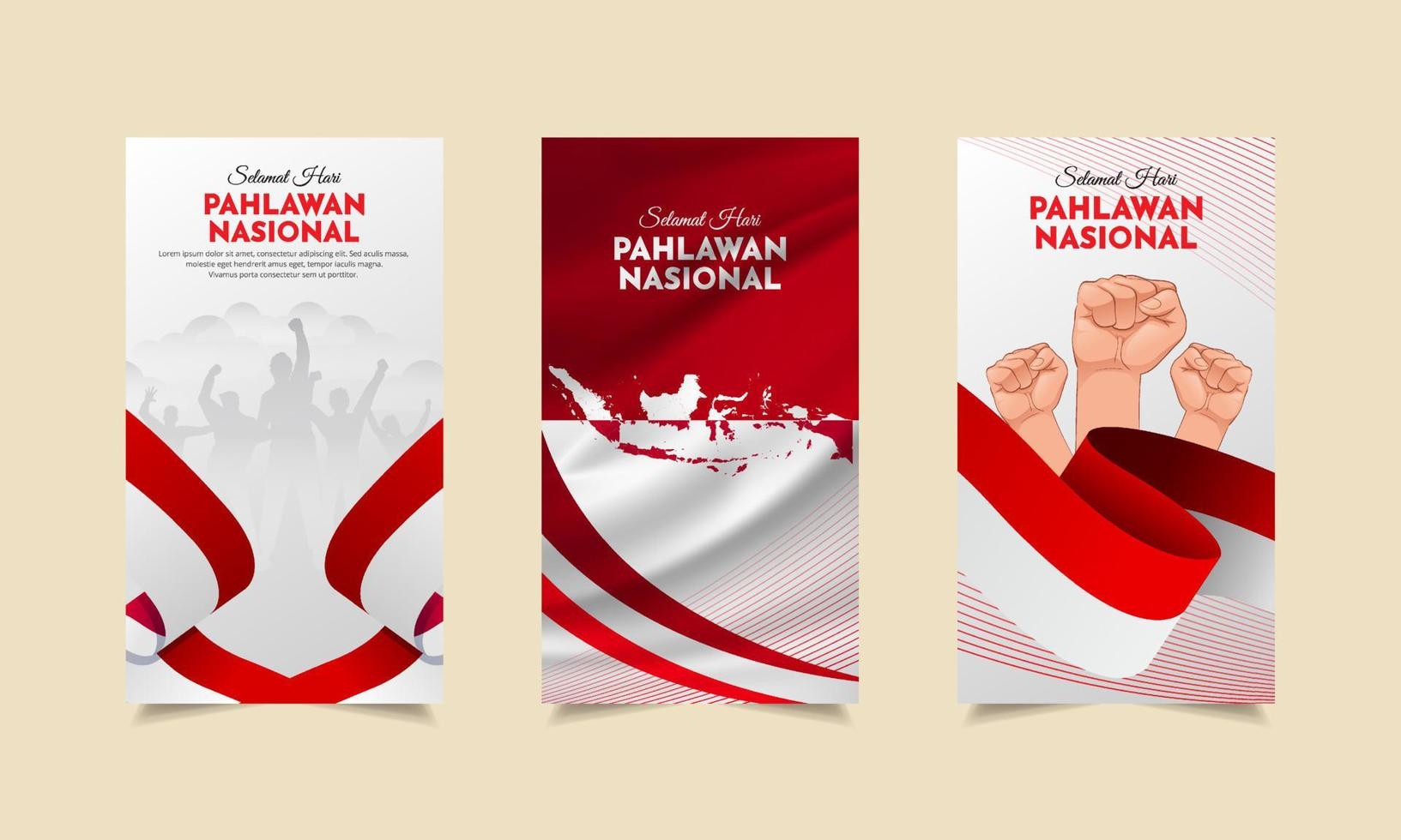 celebración del día de los héroes de la colección de historias de diseño de indonesia. hari pahlawan es el diseño del día de los héroes indonesios con estilo vertical vector