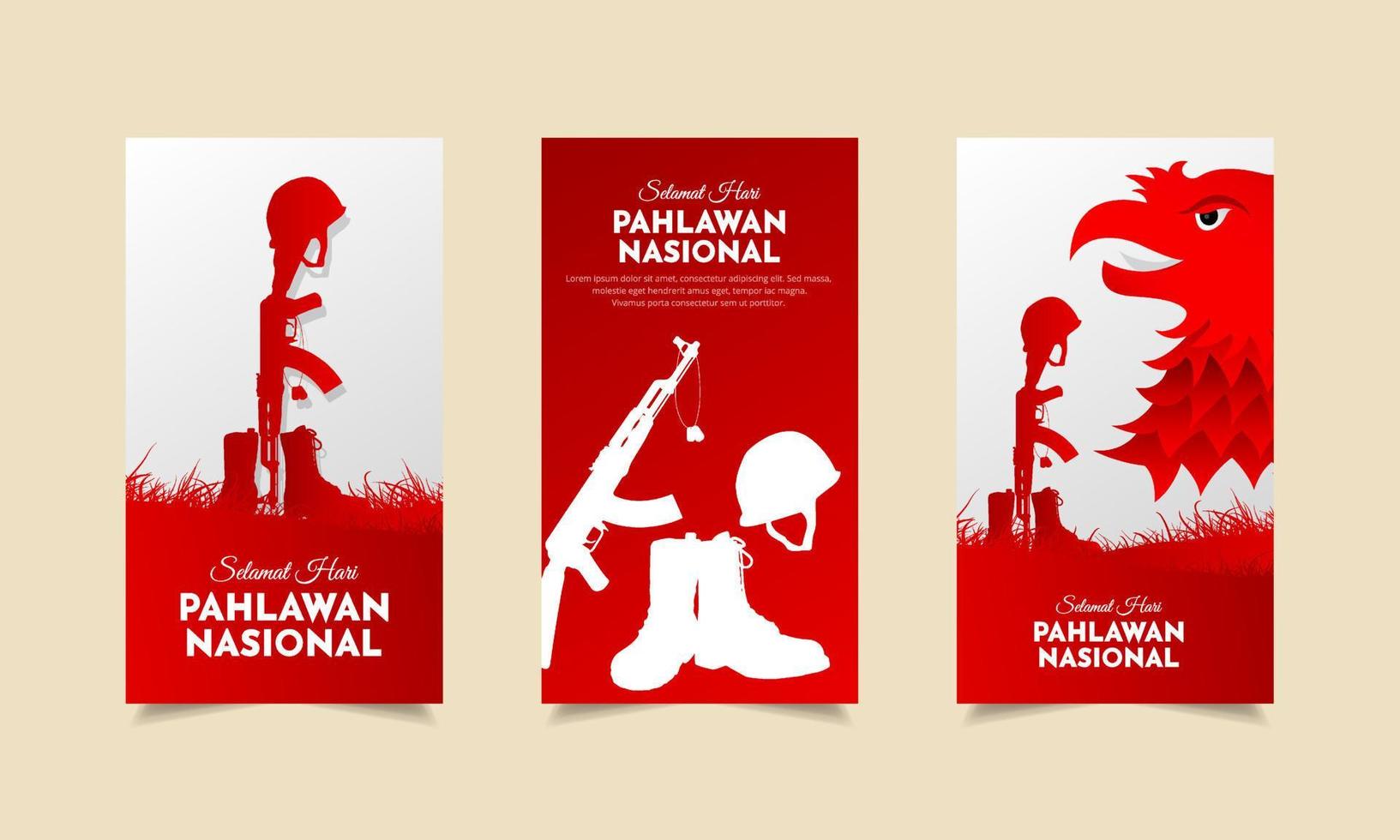 colección de historias de diseño del día de los héroes de indonesia. hari pahlawan es el diseño del día de los héroes indonesios con estilo vertical vector