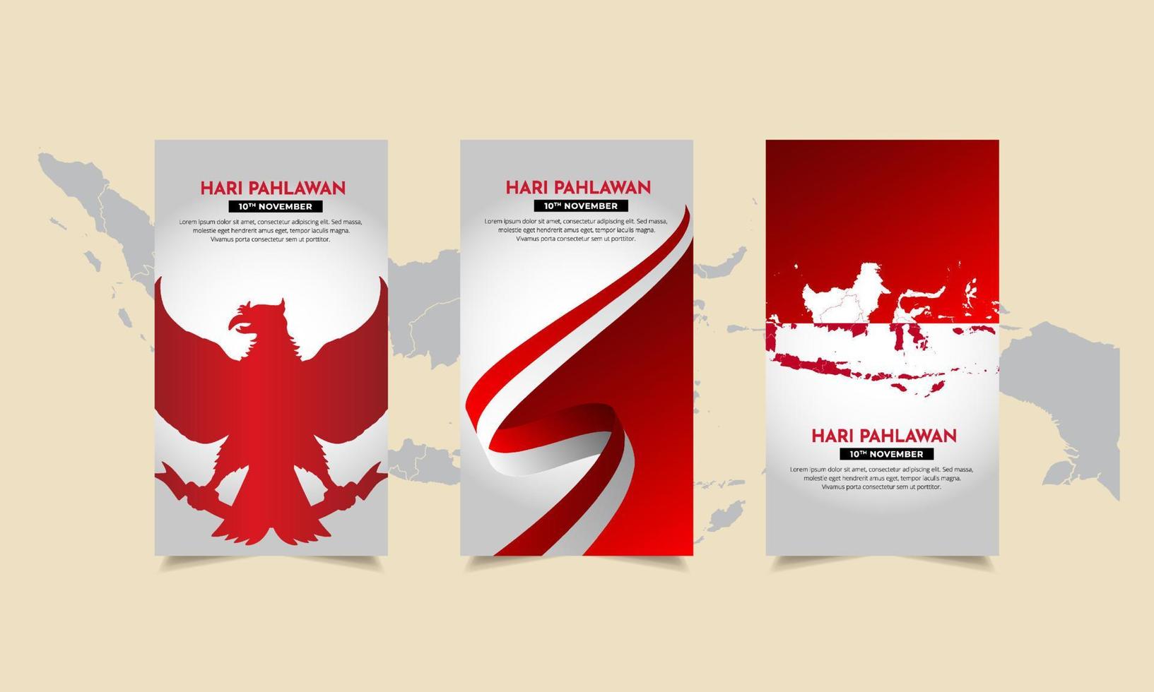 colección de historias de diseño del día de los héroes de indonesia. hari pahlawan es el diseño del día de los héroes indonesios con estilo vertical vector