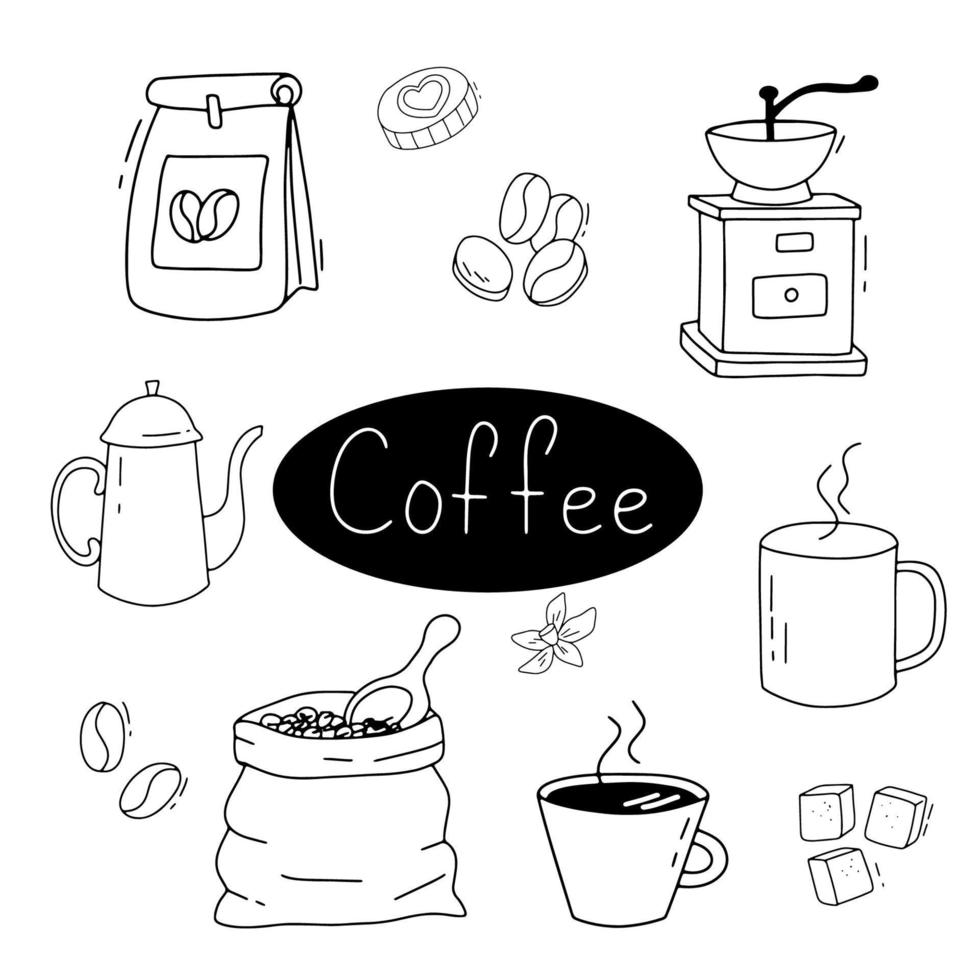 Coffee sketch set. Doodle coffee cup and grinder. Vector illustration isolated on white