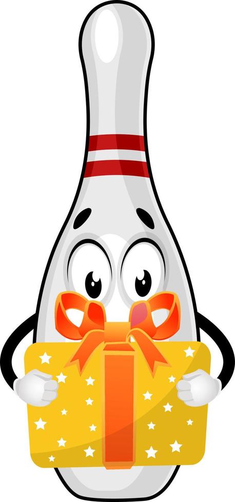 Bowling pin with birthday present, illustration, vector on white background.