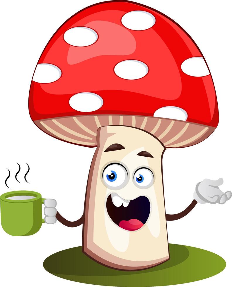 Mushroom drinking tea, illustration, vector on white background.