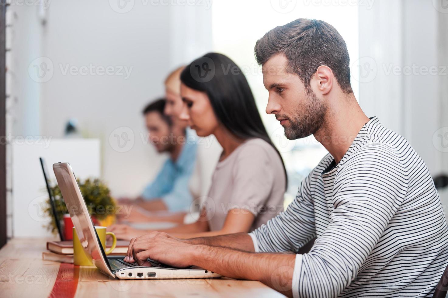 Concentrated on work. Group of confident business people in smart casual wear working at their laptops while sitting in a row at their working places photo