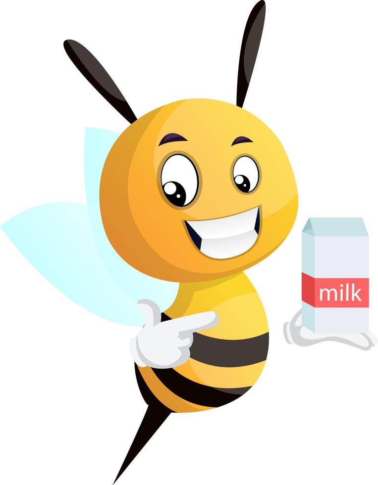 Bee pointing on the milk, illustration, vector on white background.