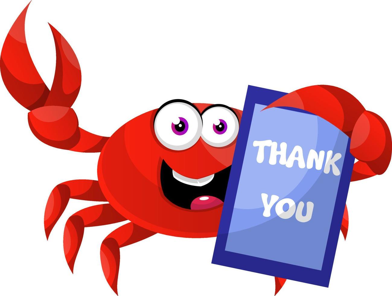 Crab with thank you sign, illustration, vector on white background.