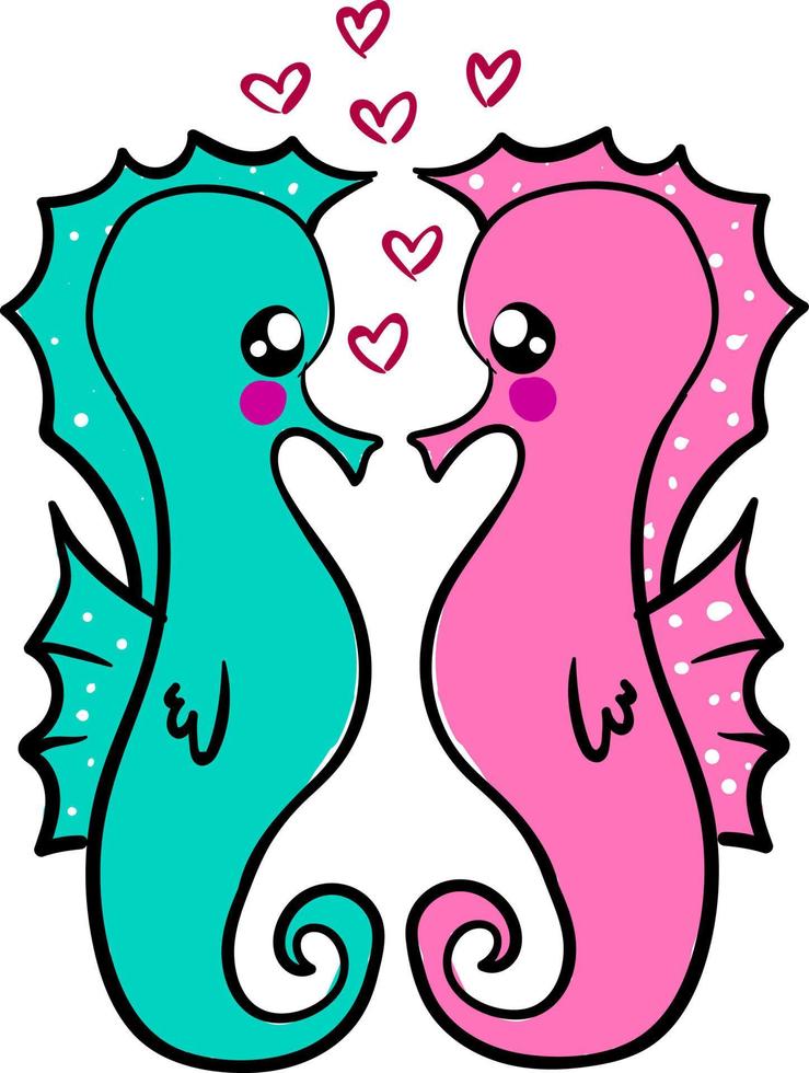 Seahorses in love, illustration, vector on white background.