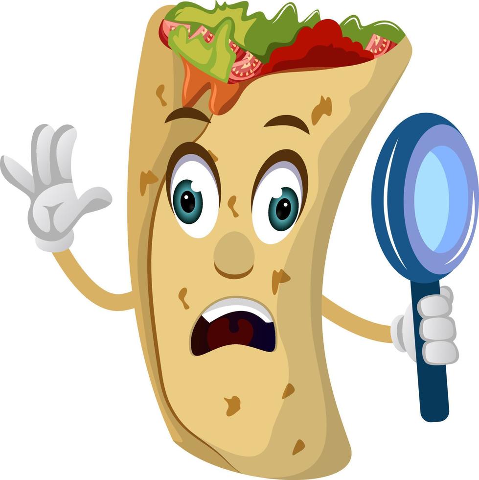Burrito with magnifying glass, illustration, vector on white background.