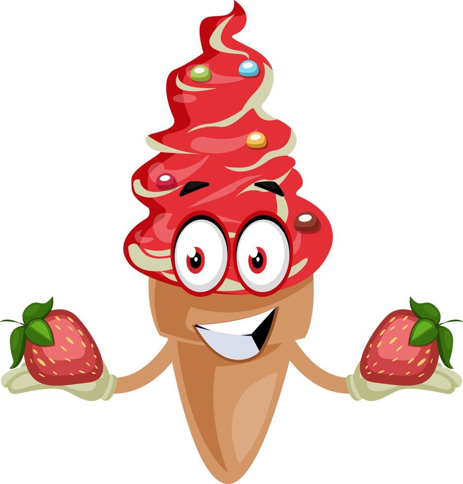 Ice cream with strawberry, illustration, vector on white background.