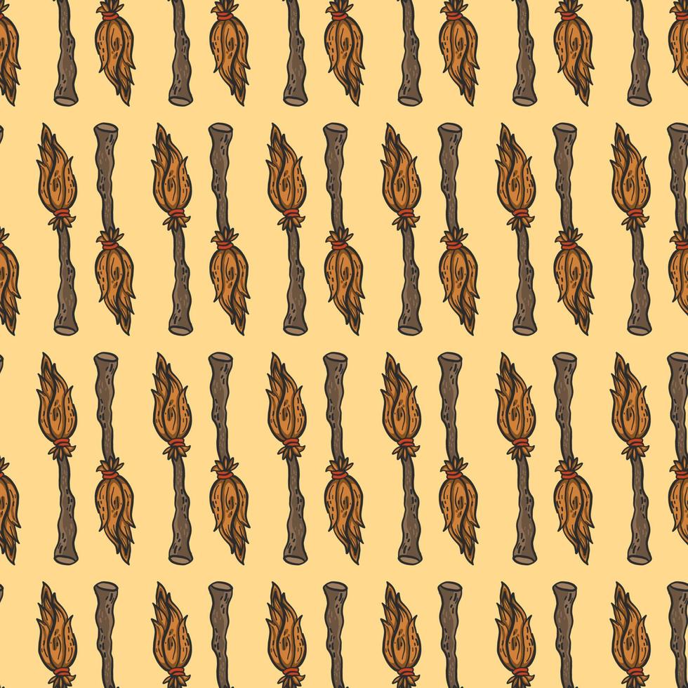 Flying broom, seamless pattern on orange background. vector
