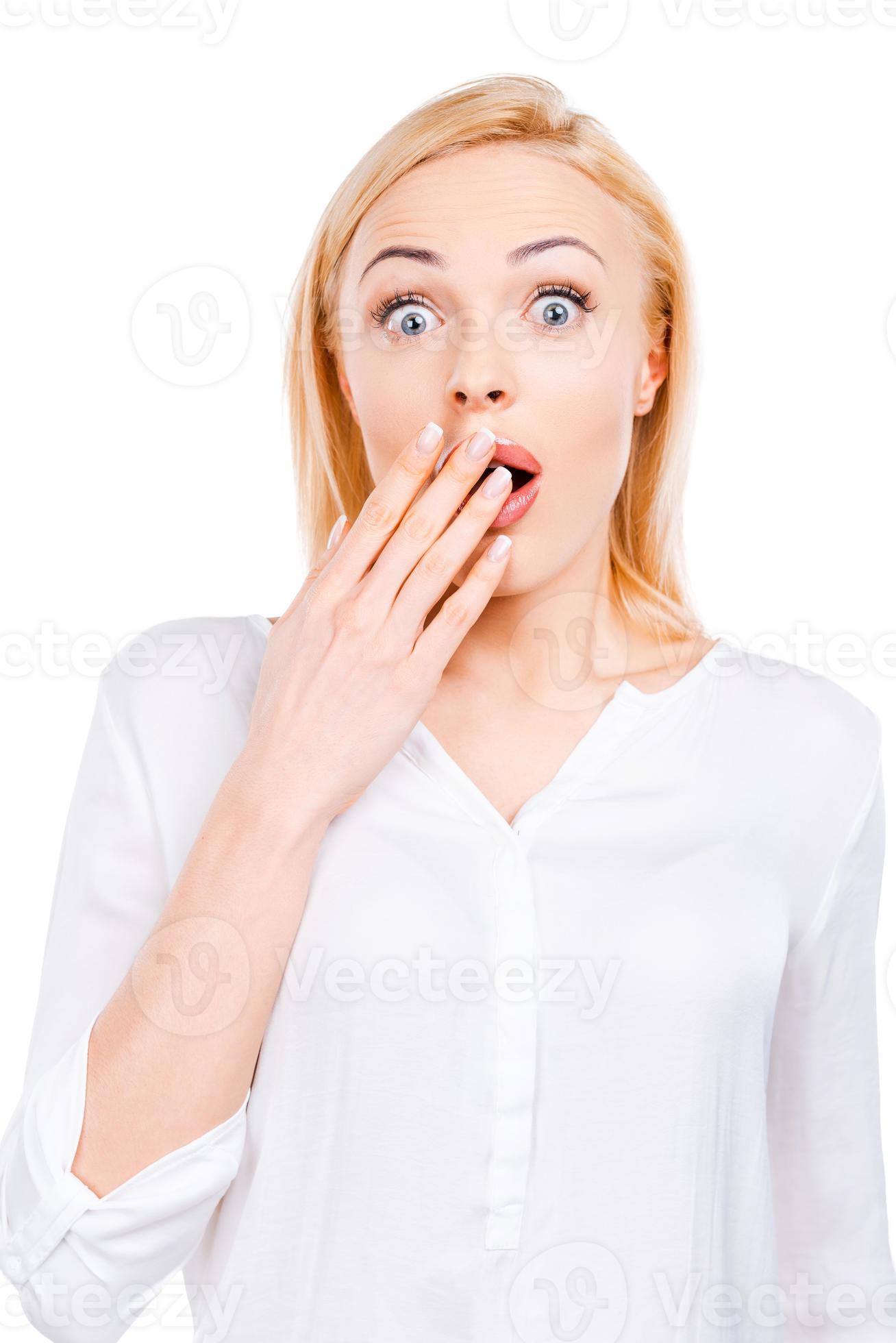 Shocking News Surprised Calm Woman Covers Her Mouth Close Isolated